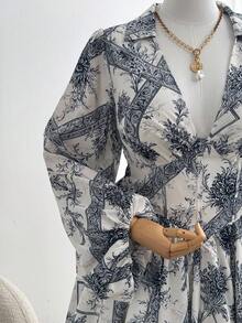 Sweetra 大码女式碎花印花收腰长袖优雅休闲度假衬衫裙 - 彩色 - 查看 8