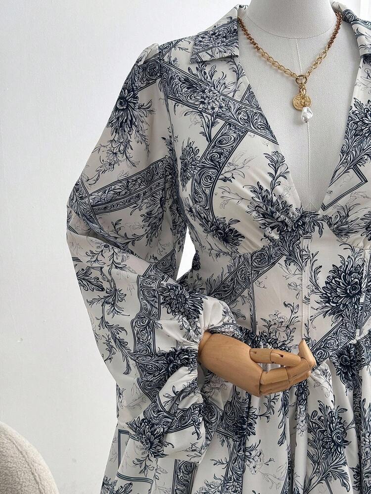 Sweetra Plus Size Women Floral Print Waist Cinched Long Sleeve Elegant Casual Vacation Shirt Dress - Multicolor - View 8