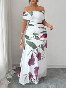 Modelyn 大码女式网眼印花露肩褶饰晚礼服 - 白色 - 查看 3