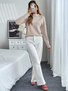 EMERY ROSE 全新花卉装饰圆领宽松休闲女式毛衣 - 杏色 - 查看 4