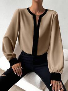 RosyDaze Camisa de manga larga minimalista con ribete de contraste para uso casual y diario de mujeres - Caqui - Ver 5