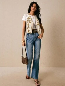 Poéselle 女士花卉刺绣牛仔背心，波西米亚风开襟牛仔背心夏季上衣 Y2k 乡村音乐会可爱夏季上衣节日 - 卡其色 - 查看 4