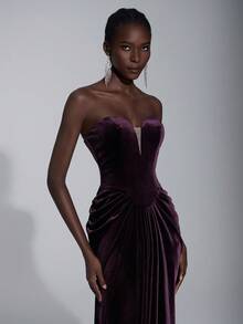 Elitara Thanh lịch, Sang trọng, Thời trang, Gợi cảm, Màu đỏ tía, Vải nhung, Cúp ngực, Viền váy đuôi cá, Xòe, Thích hợp cho kỳ nghỉ, Sự kiện đám cưới, Tiệc độc thân, Váy dạ hội trang trọng, Váy dạ hội trang trọng - Màu tím đậm - Xem 7