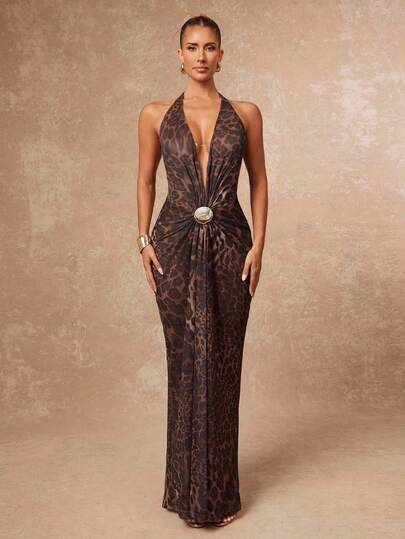 Lumalex 秋季新款女装冬季聚会派对魅力优雅宴会低调奢华闪耀假日派对魅力优雅锐舞节郊游度假热门户外丰富层次婚礼季宴会成人礼V领无袖收腰褶皱豹纹连衣裙女装奢华舞会身份证古尔邦节派对新年