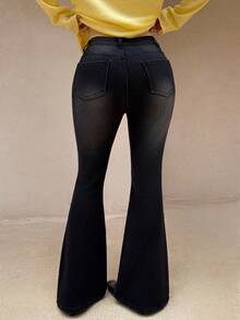 K-Vae 女秋冬不对称腰带保暖内衬喇叭裤，日常修身基础款，冬季搭配，新年装 - 黑色 - 查看 2