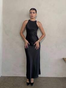 Andrea Bello Minimalist Chic Asymmetric Bias-Cut Double-Sided Satin-Like Fabric A-Line Sleeveless Long Dress For Women, Flattering And Versatile - Black - View 4