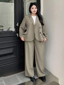 Dazy Plus Plus Size Women Business Casual Suit Set - Solid Color Lapel Asymmetric Placket Cardigan Jacket & Loose Fit Pants Fall/Winter