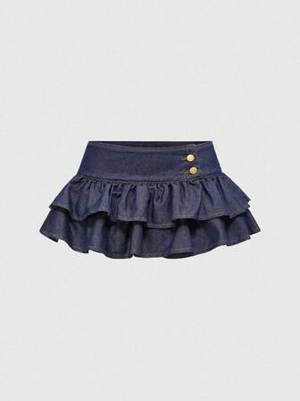 Grunge Punk Jupe en jean mini à taille basse sexy avec double volant, rétro Y2K, bleue