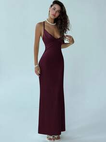 Aloruh Women's Solid Color Minimalist Everyday Cross-Tied Dress,Wedding Guest Dress Women - Maroon - View 6