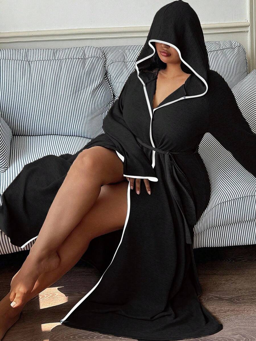 Napfluff CURVE Napfluff CURVE Soft Knit Floral Gauze Casual Hooded Loungewear Plus Size Robe, Fall & Winter, Cozy Outfit - Black - View 1