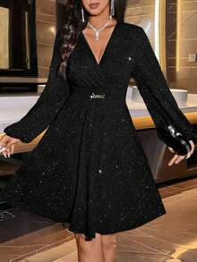 SHEIN PETITE 娇小女士束腰A字优雅迷你连衣裙 - 黑色 - 查看 5