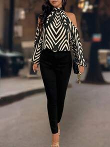 SHEIN PETITE Petite 女士露肩休闲长袖衬衫 - 黑色 - 查看 3