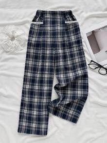 SHEIN 青春期女孩格子休闲裤、学院风复古裤 - 藏蓝色 - 查看 6