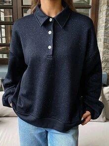 DAZY 女式宽松 Polo 领亮面面料长袖运动衫 - 藏蓝色 - 查看 2