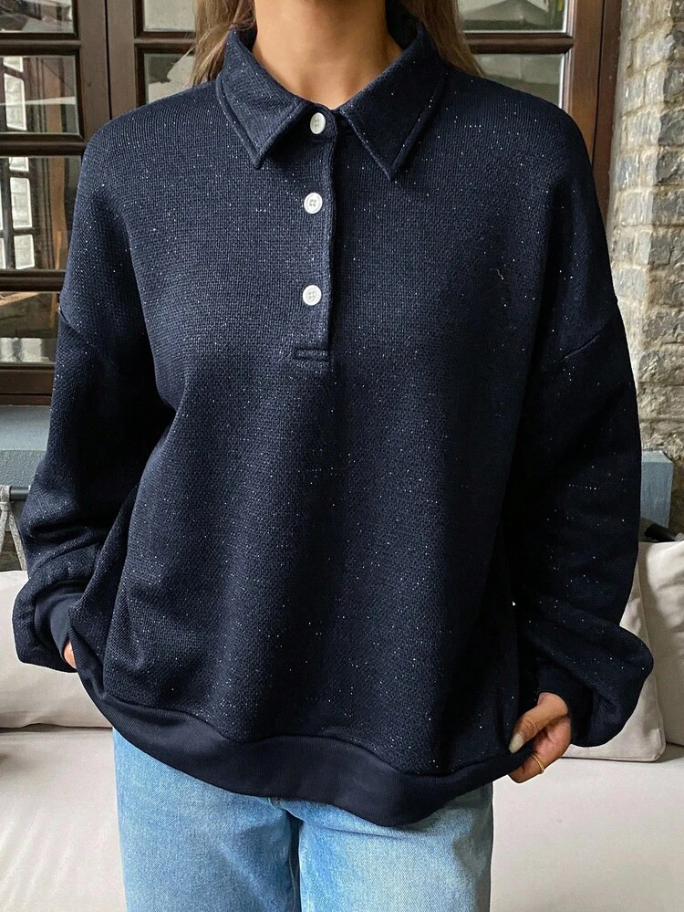 Women's Loose Fit Polo Collar Shiny Fabric Long Sleeve Sweatshirt