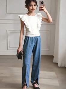 SHEIN Tween Girl' Casual Elegant Cute Jacquard Knit Tank Top, Suitable For Vacation, Casual Daily Wear - White - View 5