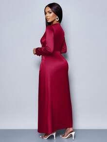 SOLERSUN Đầm ôm body bằng vải satin nhún bèo màu trơn thanh lịch dành cho nữ, thích hợp cho trang phục dự tiệc hẹn hò Maxi dành cho nữ - Đỏ - Xem 2