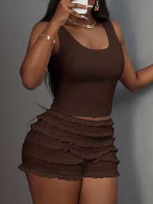 Slaydiva Y2K Cute & Sweet Casual Basic U-Neck Sleeveless Tank Top & Multi-Layer Ruffle Hem Shorts 2-Piece Set - Pink - Brown - View 7