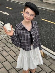 青少年女孩格子长袖单排扣彼得潘领可爱衬衫 - 彩色 - 查看 5