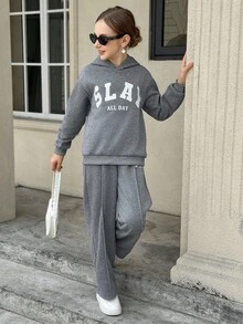 SHEIN Tween Girl Letter Print Drop Shoulder Long Sleeve Hoodie And Sweatpants Casual Outfit, Autumn Fall Winter