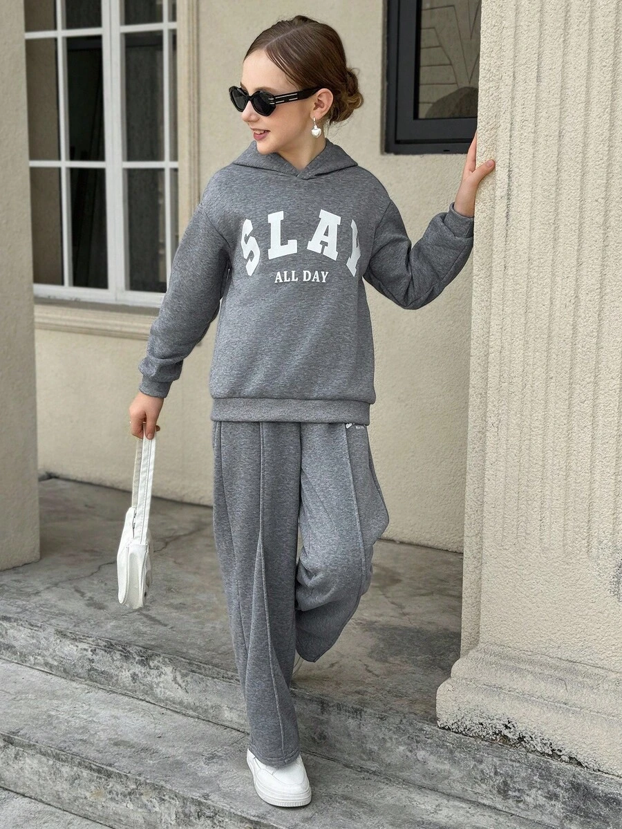 SHEIN Tween Girl Letter Print Drop Shoulder Long Sleeve Hoodie And Sweatpants Casual Outfit, Autumn Fall Winter