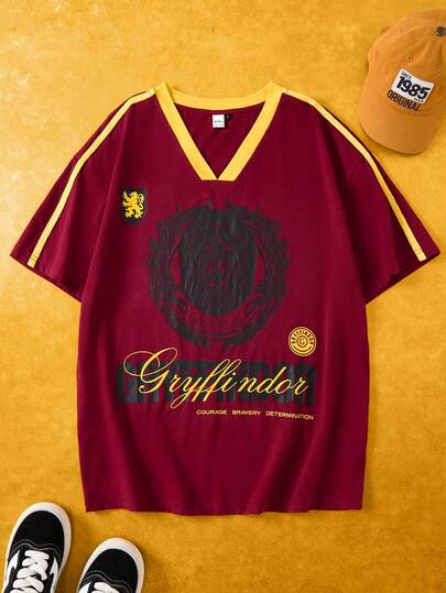 HARRY POTTER X SHEIN Camiseta de mujer de manga corta con cuello en V, con estampado de letras y rayas