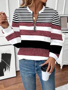 EMERY ROSE Women's Autumn/Winter Fashion Raglan Sleeve Crew Neck Half-Zip Contrast Rib Trim Sweatshirt