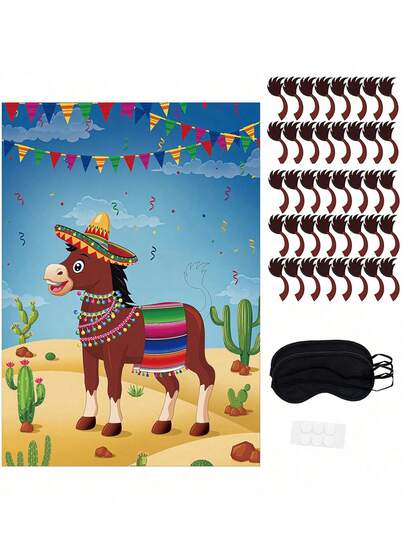 墨西哥驴皮纳塔游戏套装，含40条尾巴，大型派对海报，适合生日嘉年华，驴尾巴贴法派对游戏