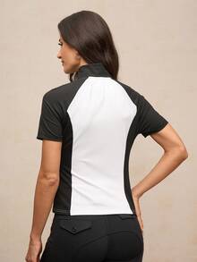 Activina Women's Equestrian Clothing, Contrast Color Splice Stand Collar Short Sleeve Equestrian Outfit