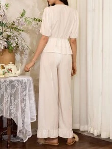 Côtesoire 法式优雅荷叶边女士睡衣套装 - 白色 - 查看 2