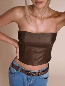 SHEIN BAE Women's Solid Color Fitted Bandeau Top With Boning,Brown Top - Mocha Brown - View 5