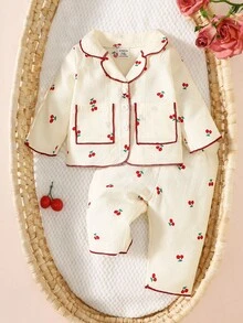 SHEIN 新生女婴卡通可爱樱桃领开襟上衣和裤子时尚优雅