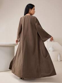Al Najma 宽松纯色长袖女式阿拉伯长袍，3D金属装饰，休闲 - 咖啡棕 - 查看 2