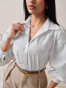 Veilorie Women's Solid Color Patchwork Fringe Lantern Sleeve Single-Breasted Casual Loose Shirt - White - View 7