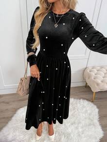 SHEIN LUNE Vestido largo de terciopelo casual con cuentas para mujer, vestido de terciopelo con adornos de perlas, vestido de terciopelo elegante, vestido midi negro, vestido elegante de manga larga, vestido midi elegante, vestido de terciopelo negro, vestido de fiesta de carnaval, conjunto de fiesta para mujer, vestido negro, vestido de otoño para mujer - Negro - Ver 6