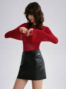 Airlisse Bộ đồ liền thân tay loe in họa tiết hoa lưới hở vai phong cách Pháp cổ điển gợi cảm dành cho nữ - Đỏ - Xem 5