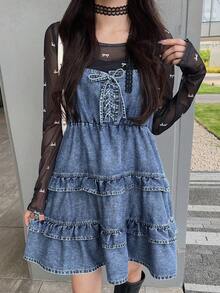 FRIFUL Tie Front Casual Versatile Camisole Women Denim Tops Denim Jumper Dress Ruffle Denim Dress Tiered Denim Dress Denim Dress Lace Up Denim Dress - Blue - View 1