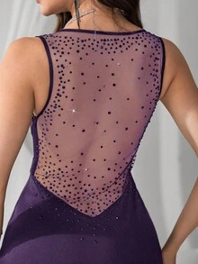 Coutiva Vestido de mujer con escote en V profundo, espalda descubierta, adornado con rhinestones y abertura de sirena - Morado oscuro - Ver 6