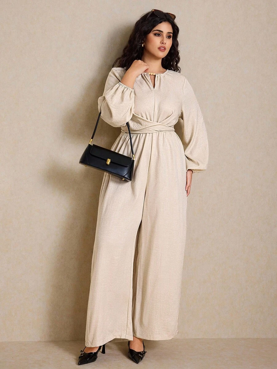 Elaquor Plus Size Women's Solid Color Keyhole Neck Lantern Sleeve Wide Leg Casual Jumpsuit Long Sleeve Jumpsuit Jumpsuits For Women Plus Size Jumpsuit Women Jumpsuit Wide Leg Jumpsuit - Apricot - View 1