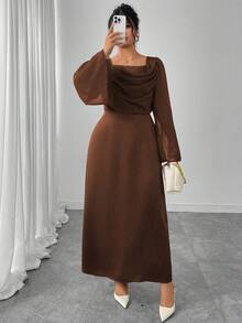 Modelyn Váy chữ A dài tay, thắt eo, chắp vá cỡ lớn - màu nâu - Xem 4