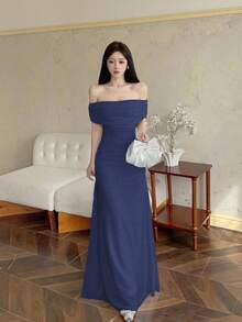 Modelyn Váy cưới/tiệc tùng trễ vai nhún eo thanh lịch cho nữ - Xanh đậm - Xem 9