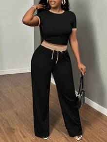 SHEIN SXY Bộ 2 món áo ngắn tay ôm sát màu tương phản gợi cảm và quần dài Bộ đồ hai mảnh thoải mái thường ngày cho nữ Bộ đồ hai mảnh cao - Nhiều màu - Xem 7