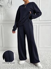 Chiquease 女式圓領垂肩長袖運動衫和運動長褲套裝 - 藏蓝色 - 查看 1