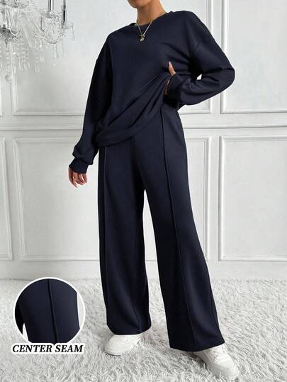 Chiquease 女式圓領垂肩長袖運動衫和運動長褲套裝