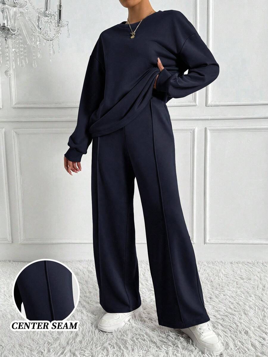 Chiquease 女式圓領垂肩長袖運動衫和運動長褲套裝 - 藏蓝色 - 查看 1