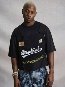 PAVTROS 男士黑色街头字母图案背心，拼接旗帜和纵横字谜印花，秋冬时尚叠穿外套，INS街头潮流，万圣节服装，男士服装，男士冬季外套，中性风，说唱歌手服装，男朋友礼物 - 黑色 - 查看 3