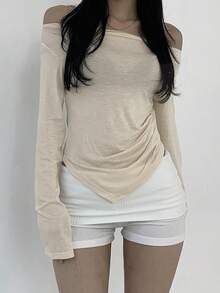 DAZY 纯色露肩不对称领口褶皱 T 恤，返校服长袖女上衣，秋季女装 - 杏色 - 查看 2