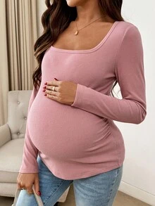 SHEIN قميص كاجوال بياقة مربعة وأكمام طويلة مخطط للحوامل