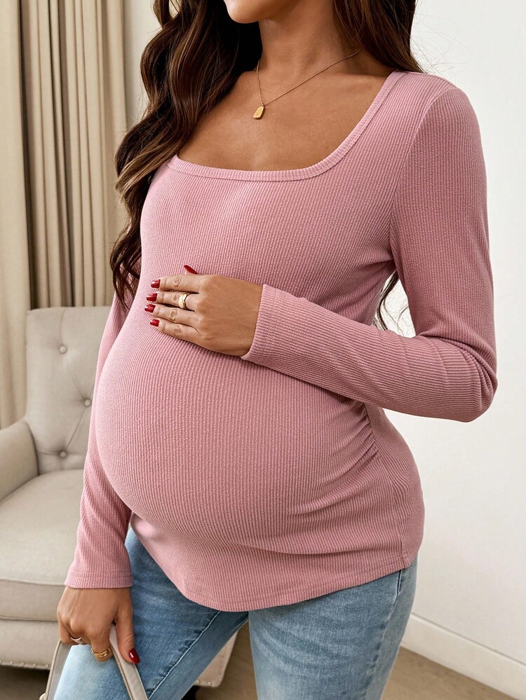 SHEIN 孕妇纯色方领长袖罗纹休闲T恤 - 杏色 - 查看 5