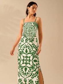 CAJUNI Váy dài xẻ tà in họa tiết Boho cổ điển thường ngày dành cho nữ - màu xanh lá - Xem 7
